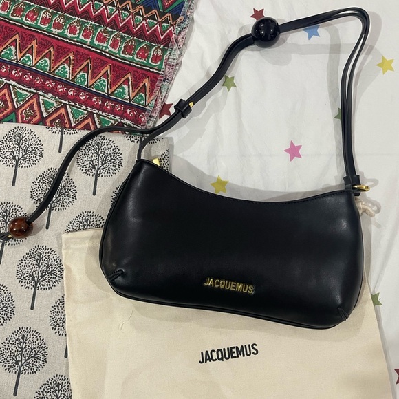 Jacquemus Handbags - Jacquemus Black Leather Small Shoulder Bag with Gold Logo